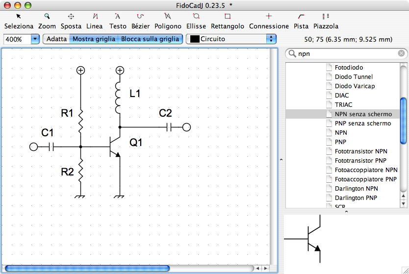 Semplice schema elettrico disegnato in FidoCadJ