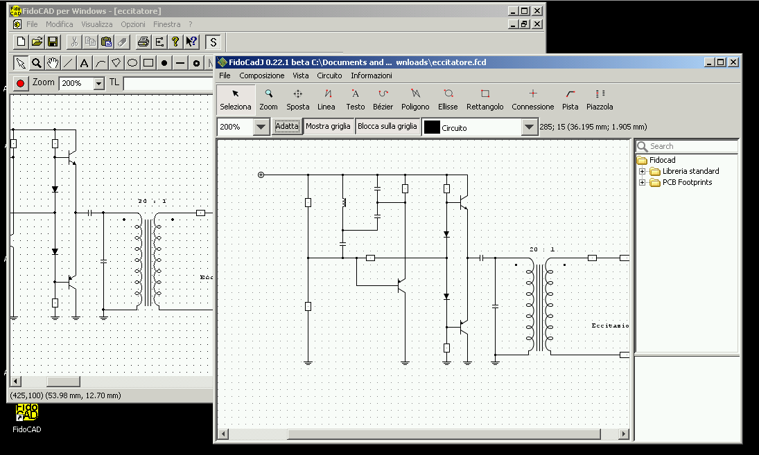 FidoCad e FidoCadJ funzionanti fianco a fianco su Microsoft Windows