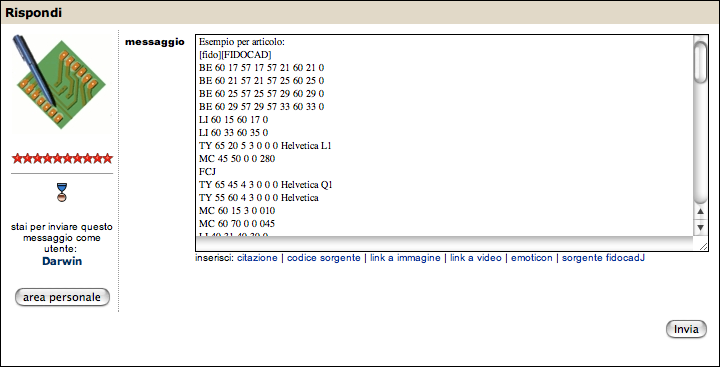 Il codice FidoCadJ inserito all'interno di un messaggio del forum di Grix.it