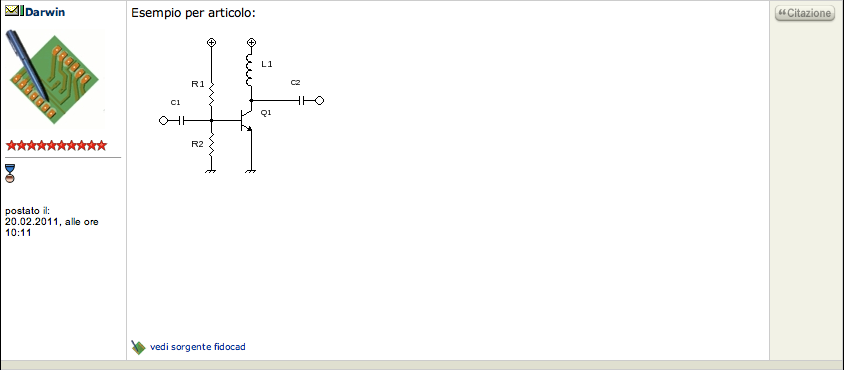 Il risultato di un messaggio contenente codice FidoCadJ interpretato da FidoReadPHP.